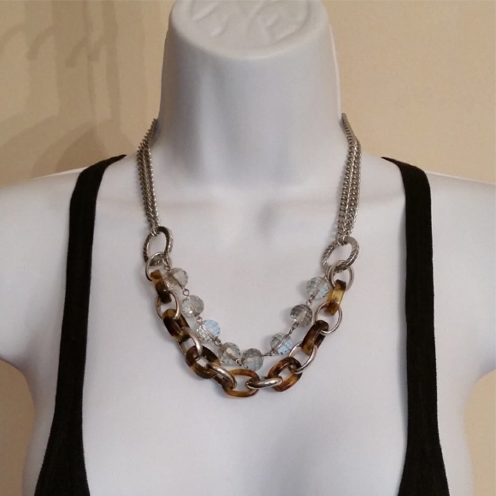 LOFT layered look silver tone double chain + tortoise chain and crystals.